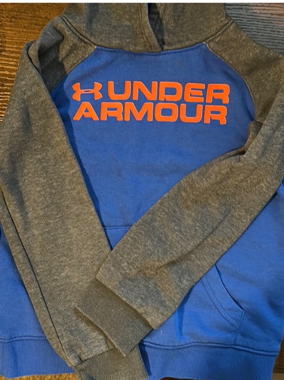 Under Armour Blue and Gray Hoodie with Orange Logo size 6 boys